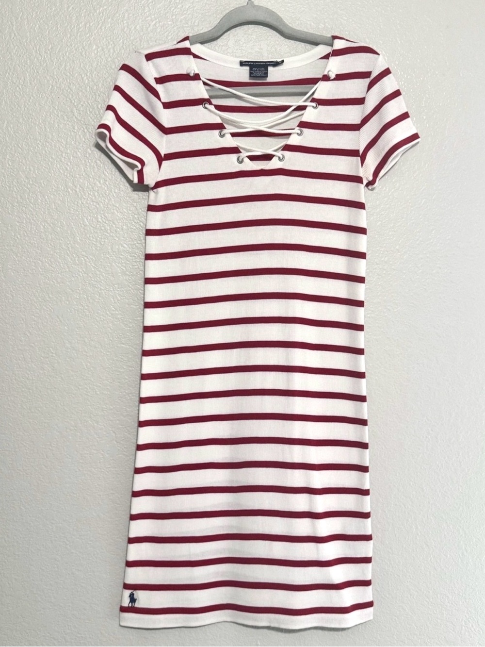 Ralph Lauren White and Red Striped Lace-Up Tee Dress Size Medium